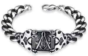 New stainless steel masonic signet freemason link chain bracelet free mason men's retro silver antique gothic punk bracelets with black oil drip jewelry for men