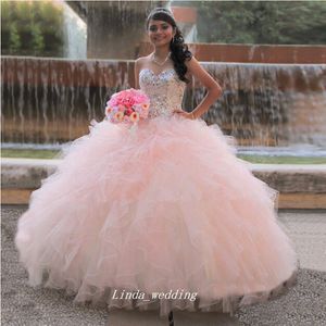 Rosa Quinceanera Vestido De Cristal De Alta Qualidade Frisado Doce 16 Longos Vestidos de Festa Vestido Evento vestido de Baile Plus Size vestidos de 15 anos