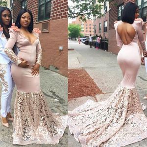 Dusty Pink Long Sleeves Prom Dresses Sexy Open Back Deep v Neck Lace Satin Evening Gowns Saudi Arabia Sweep Train Vestido De Festa