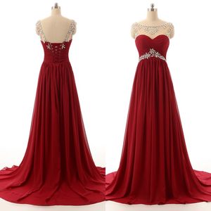 Sparkly Custom Made Dark Red Bal Sukienka Długie Formalne Wieczorowe Suknie Party Sheer Bateau Neck Bez Rękawów Gorset Lace Up Powrót Sweep Pociąg