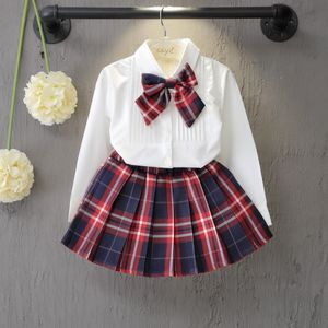 Herbst Frühling Neue Schule Stil Mode Baby Mädchen Kleid Set Weißes Hemd Top Mit Plaid Knoten Krawatte + Plaid Mini rock 3 Pcs Sets 3-7T