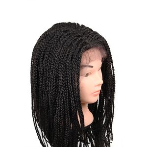 14INCH LACE FRONTAL BIRWIGS FÖR NATURLIG SVART SYNTETISKA WIG Värmebeständiga mikroflätade peruker African American Hair Short Wigs för kvinnor