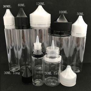Lege mollige gorilla -flessen 10 ml 15 ml 30 ml 60 ml 100 ml 120 ml Pen Unicorn Plastic druppelaar fles met knabbelen duidelijke doppen voor vloeibaar E -sap.