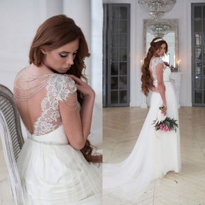 Sexig Backless Beach Bröllopsklänningar Sheer Bateau Neck Capped Sleeves Beading Crystals Lace Appliques Tulle Bohemian Bridal Gown Ls 31-8