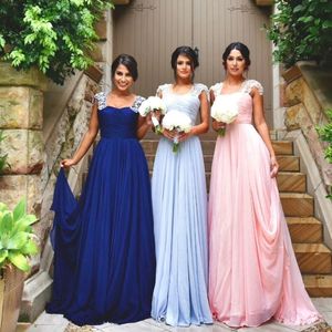 2017 New Elegant Long Bridesmaid Dresses Sweetheart Neck Beaded Cap Sleeve Ruched Formal Party Dress For Wedding Chiffon Pretty Prom Dresses