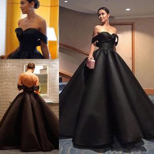 Gorgeous Black Off Shoulder Evening Dresses 2017 Satin Ball Gown Sequins Beaded Backless Prom Dress Saudi Arabia Formal Party Gowns