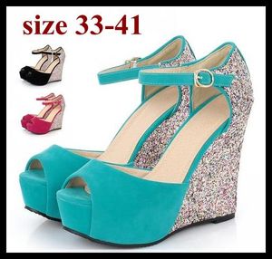 Glitzernde Paillette-blaue Hochzeitsschuhe, hohe Plateau-Keilsandalen, sexy High-Heel-Sandale, Übergröße, Damenschuhe, Größe 40, 41 bis kleine Größe 33