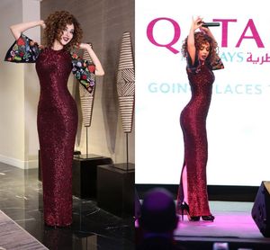 Myriam Fares Glänsande Burgundy Squined Prom Klänningar Monterad Robe de Soiree Longo Dubai Sexiga Evening Party Gowns med Ruffles Prom Dress