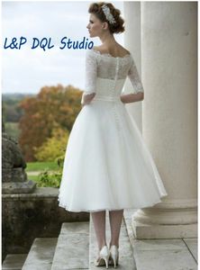 Wholesale tea length ball gown wedding dresses for sale - Group buy Vintage Ivory Lace Organza Ball Gown Wedding Dresses Scoop Half Sleeves Buttons Back Tea Length Bridal Gowns Custom Made