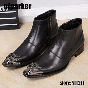 Mens Ankle boots estilo britânico preto de couro genuíno dos homens botas botas de vestido de couro Apontou Toe de Ferro, Tamanho grande EU38-46