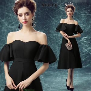 Elegant Black Formal Dress Cocktail Gown Cheap Off Shoulder Neck Tea Length Custom Made Women Modern Style A Line Party Wear Sexy