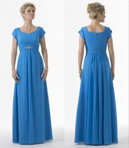 Einfache blaue, lange, schlichte Brautjungfernkleider mit kurzen Ärmeln, A-Linie, Chiffon, Strand, formelle Hochzeits-Party-Kleider, maßgeschneidert, schneller Versand