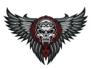 Kostenloser Versand großer Schädelflügel Tribal Tattoo Biker Jacke Rider Weste bestickte Patch Eisen auf Nähte auf Jacke Stickerei