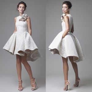 2019 Lace Vestidos de casamento Krikor Jabotian Jewel mangas Vestidos de casamento Alta Baixa a- linha curta praia vestidos de noiva com flor