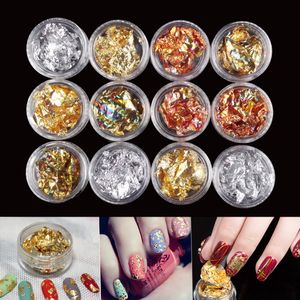 12 PotSet Nail Art Oro Argento Paillette Flake Chip Foil Kit Gel acrilico Consigli per smalto 3D DIY Design Immagine Trasferimento adesivo Decalcomania4800353