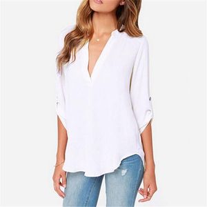 2023 Nova Moda Feminina de Manga Comprida Branca Chiffon Decote em V Camiseta Outono Trabalho Casual Tops Feminino Plus Size Tee Roupas Pretas Sólidas