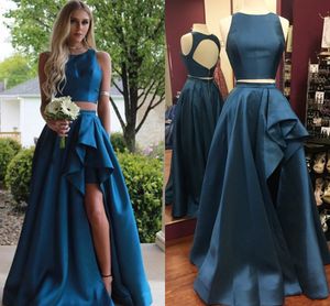 Two Piece High Low Prom Dresses Jewel Neck Ruched Satin Keyhole Back Sexy Red Royal Blue Party Dresses Backless Split Hi-Lo Evening Gowns