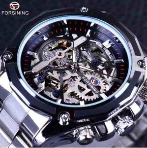 Forsining Mekanisk Steampunk Mode Man Armbandsur Klänning Män Klock Top Märke Luxury Rostfritt Stål Automatisk Skelett Watch + Watch Box