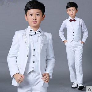 Meninos ternos de casamento novo tamanho 2-10 branco menino terno festa formal cinco conjuntos gravata borboleta calças colete camisa crianças ternos frete grátis em estoque