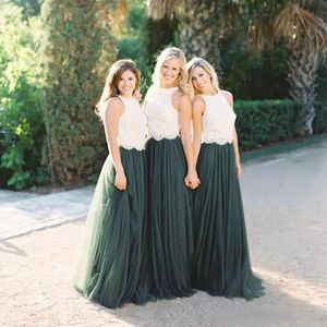 2019 Design Dwa Kawałki Druhna Suknie Klejnot Neck Biała Koronka Top Linia Dark Green Tulle Spódnica Kraj Wedding Maid of Honor Dresses