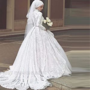 خمر الدانتيل الأبيض بنت الحجاب فساتين الزفاف تول الرقبة العالية الكرة ثوب ثوب الزفاف كم طويل أثواب الزفاف