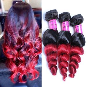 Ombre Malaysian Loose Wave Virgin Human Hair Extensions 2 Two Tone 1B/Red Burgundy Wine Red Malaysian Remy Human Hair Weave Bundles