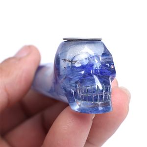 Natural Blue Fused Quartz Crystal Pipe Tobacco Wands Pipes with Hand carved Skull Head Length :100mm