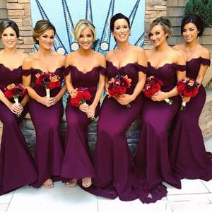 2017 Modest African Bridesmaid Dresses Off Shoulder Lace Lila Grape Mermaid Bröllop Gäst Wear Party Dress Plus Size Maid of Honor Gown