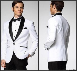 Top Selling White With Black Satin Lapel Groom Tuxedos Mer Stil Välj Groomsmen Män Bröllopskläder (Jacka + Byxor + Bow Tie + Handkerchief) W1