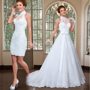 Fabulous Tulle High Collar Neckline 2 in 1 Wedding Dresses with Beaded Lace Appliques Two Pieces with Belt Bridal Dress vestido de noiva