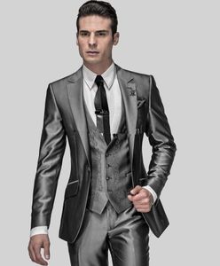 Ny ankomst Slim Fit Groom Tuxedos Shiny Grey Man Suit Notch Lapel Groomman Men Wedding Suits Bridegroomjacket Pants Tie VE2890