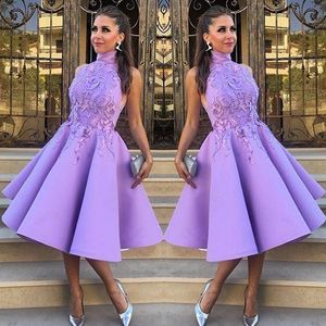 Elegante alta Neck Prom Dresses Sexy A-Line Chá de comprimento Moda vestido de partido com Applique 2017 Adorável Curto vestidos de noite Vestidos Homecoming