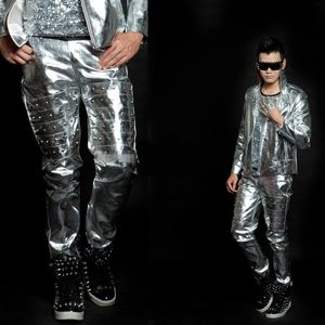 Fashion Normic Silver Rivet Byxor Kostym Man Kostymer Sångare Dancer Performance Stage Wear Clothes Show Party Nightclub