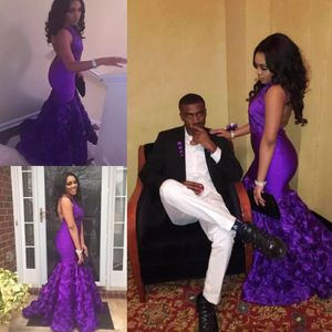 South African Purple Mermaid Prom Dresses 2k18 Sexy Backless Sleeveless Evening Gowns Ruched Sweep Train Arabic Women Formal Vestidos
