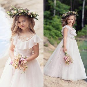 Lovely 2017 Pale Pink Chiffon Tulle Beach Flower Girls Dresses For Weddings Cheap Sheer Neck Applique Floor Length Girls Party Dress EN4065