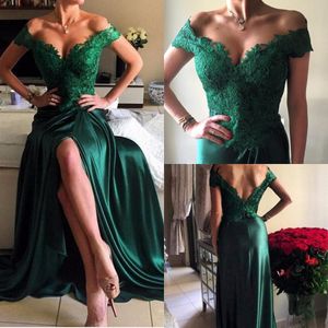 Green 2017 Evening Hunter Off Shoulder with Lace Applique A-Line Front Split Prom Dresses Back Zipper Sweep Train Custom Party Clows