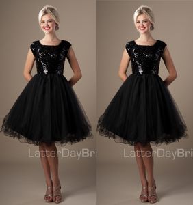 Black Juniors Short Modest Cocktail Dresses With Cap Sleeves Square Neck Lace-Up Back Puffy Tulle Skirt Short Prom Dresses Sequins