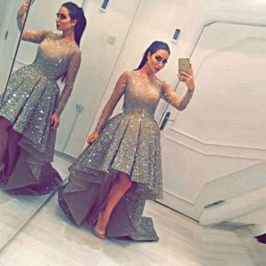 Shiny Silver High Low Prom Dresses Saudi Arabia Illusion Long Sleeves Sequins Beaded Evening Gowns Ruched Sweep Train Formal Party Vestidos