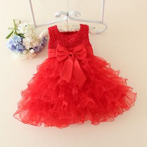 All'ingrosso- Red Baby Christmas Dresses For Girls Lace Pearls Ragazze battesimo vestito Baby Girl Tutu Dress Bambini bambini vacanze abbigliamento