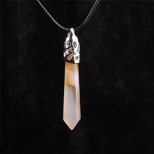 Lucky Amulet Spiritual Protection Natural Agate Crystal Point Pillar Silver Dipped Wand Pendant Necklace in Raw Cut Natural Agate Gemstone