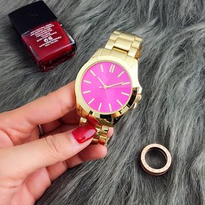 Lyxmode Damklocka Rostfritt Stål Lyx Dam Big Pink Dial Armbandsur Berömda högkvalitativa kvinnor Klädtid Timme Gratis frakt