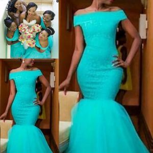 Nigerianische Brautkleider Stile großhandel-Südafrika Stil Nigerian Brautjungfernkleider Plus Size Mermaid Mädchen der Ehre Kleider für Hochzeit weg vom Schulter Türkis Cocktailparty Kleid