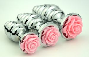 Metall Skruvgänga Butt Anal Plug Stainless Steel Butt Plug + Pink Rose Dekorera Analsexleksaker Produkt