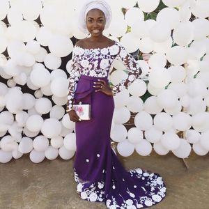 Dresses Evening Aso Ebi Scoop Neckline Long Sleeves Prom Gowns with White Lace Applique Back Zipper Sweep Train Custom Made Formal Gown