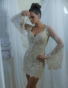 Sexiga Kvinnor Cocktail Klänningar Långärmad Sheath Champagne Poet Lace Appliques Prom Dresses Party Dress Plus Size Formella Homecoming Gowns