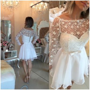Wholesale white short dresses for juniors for sale - Group buy Elegant White Long Sleeve Cocktail Dresses Bateau Neck A Line Sash Chiffon Lace Short Party Prom Dress Gowns for th Junior Homecoming