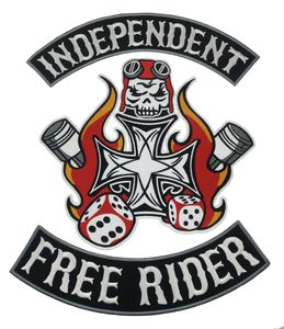 Frete Grátis INDEPENDENTE FREE RIDER MC Iron On Embroidered Patch Moto Biker Grande Full Back Size Patch para Jaqueta Colete Distintivo