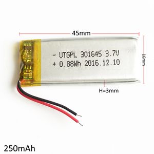 Model :301645 250mAh 3.7V Lithium Polymer LiPo Rechargeable Battery cells For Mp3 Mp4 PAD DVD DIY E-books bluetooth mouse headphone headset