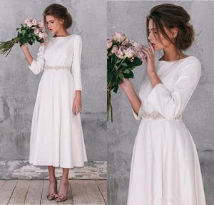 2019 Long Sleeve Country Satin Wedding Dresses Vintage A Line Tea Length Gorgeous Simple Wedding Bridal Gowns Robe De Mariage