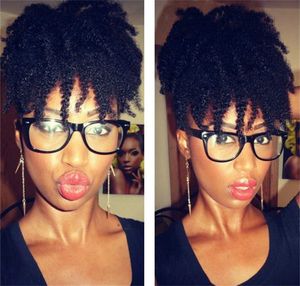 Short afro ponytail hairpieces clip in 4c coily curly pony tail drawstring Hair Extensions kinky puff humain updo bun jet black